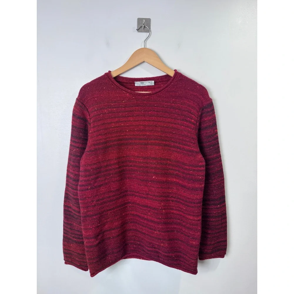 Inis Meain Men Red Cashmere Wool Blend Striped Knit Sweater Size Medium
